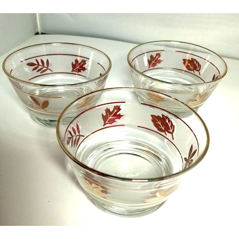 Vintage Libbey Golden Foliage Leaf Gold Rim Frosted Glass Dessert Bowls Set Of 3